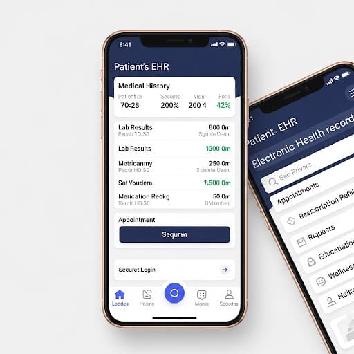 Mobile patient app interface showing health records, lab results, and appointment management features